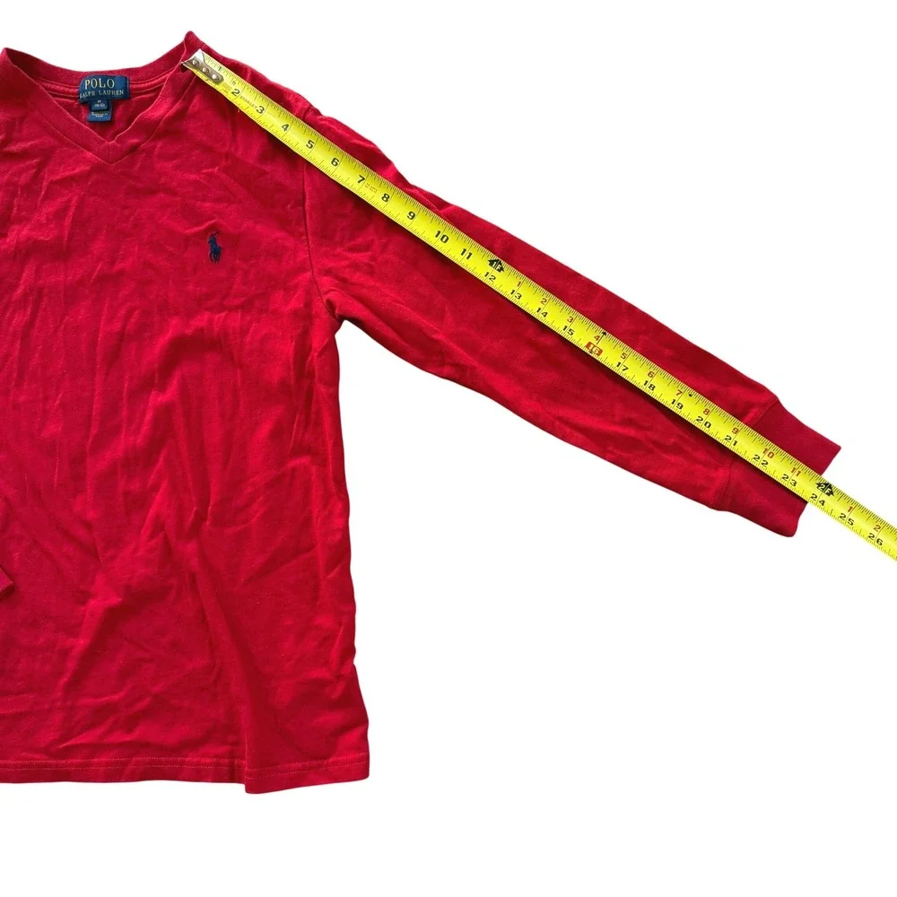 Polo Ralph Lauren Boys Red Long Sleeve V-Neck Tee Navy Pony Size M 10-12